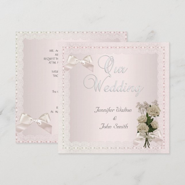 Convites Casamento Elegante Creme Rosa Laço Renda Rosa (Frente/Verso)
