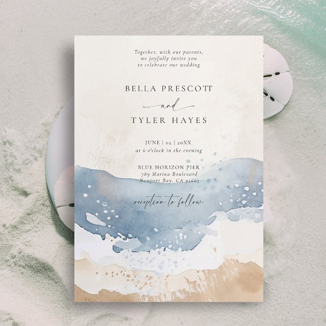 Convites Casamento Elegante Da Areia Da Onda Da Praia Do Oc (coastal wedding invitation modern minimalist elegant beach ocean waves sand navy blue teal beige)