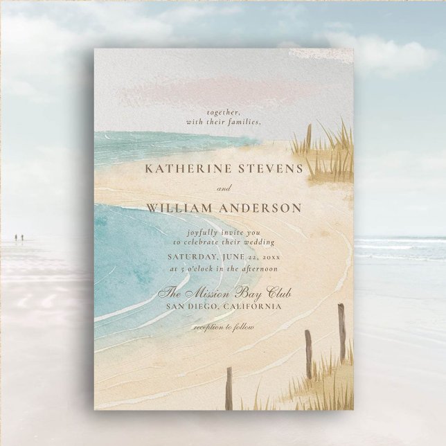 Convites Casamento Elegante Da Arte Céu Do Oceano De Cerca  (beach wedding invitation dreamy watercolor ocean fence grass nature formal modern classic)