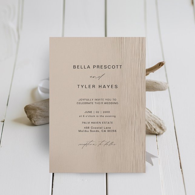 Convites Casamento Elegante Da Bacia Costeira Da Banda Arei (Coastal Wedding Invitation Elegant Modern Minimalist Driftwood Beach Ocean Sand Ecru Beige )