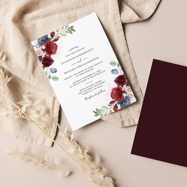 Convites Casamento Elegante Da Burgundy Floral Watercolor (Criador carregado)
