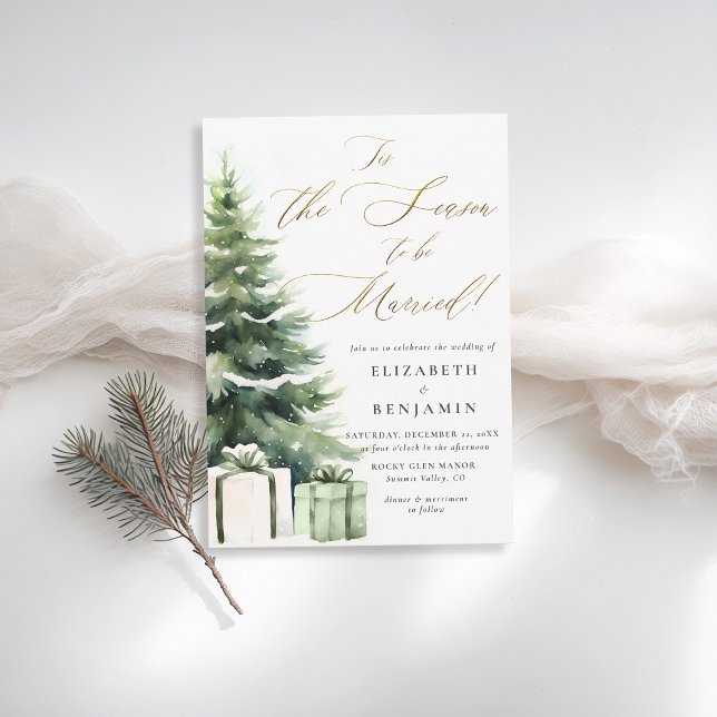 Convites Casamento Elegante Da Estação De Natal De Inverno (christmas wedding invitation pine tree season to be married gold calligraphy modern rustic elegant)