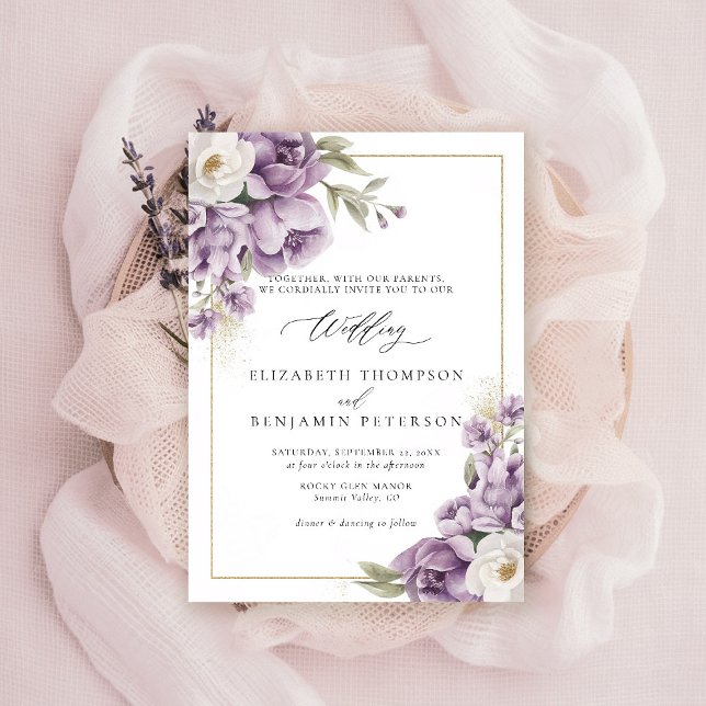 Convites Casamento Elegante da Frame Floral Dourada de Mídi (purple ivory gold wedding invitation watercolor elegant floral mauve green barn ranch garden)