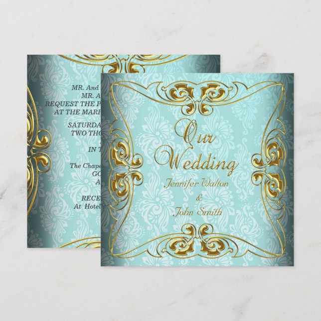 Convites Casamento Elegante Damasco Azul Turquesa Dourado (Frente/Verso)