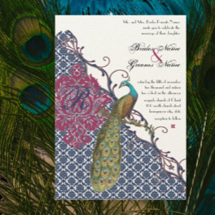 Convites Casamento Elegante Damasco Pavão Azul Marinho e Be