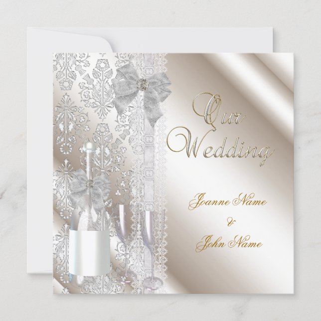 Convites Casamento Elegante Damask Creme Branco Champanhe (Frente)