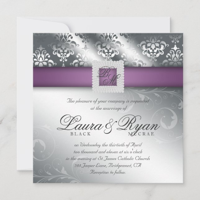 Convites Casamento Elegante Damask Jewel Purple Silver (Frente)