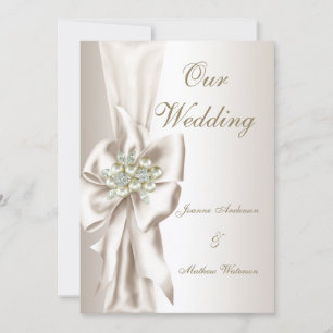 Convites Casamento Elegante Damask Pérola Creme Laço Branco