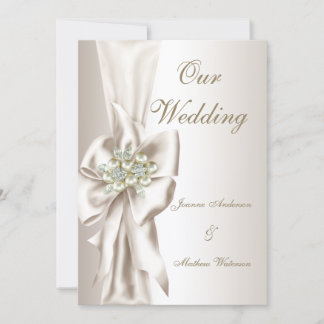 Convites Casamento Elegante Damask Pérola Creme Laço Branco