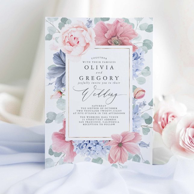 Convites Casamento Elegante das Flores Azuis Dusty Rosa e D (Dusty Blue and Dusty Pink Wedding Invitations)