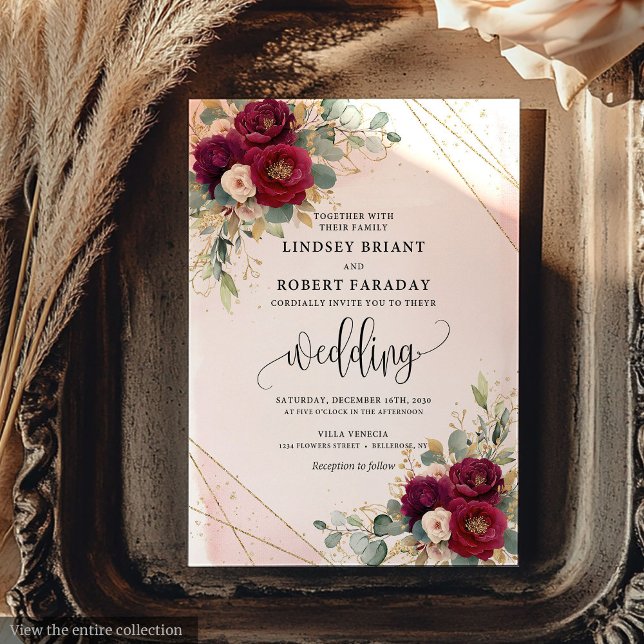 Convites Casamento Elegante das Flores Douradas Maroon Româ (Romantic Maroon Gold Blush Flowers Elegant Wedding Invitation)