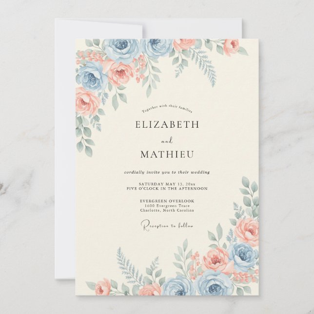 Convites Casamento Elegante de Aço Azul na Primavera (Frente)