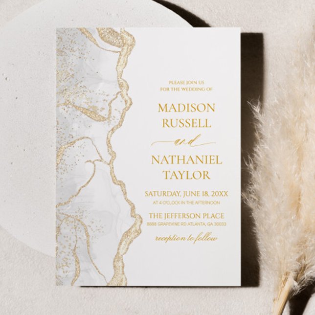 Convites Casamento Elegante de Ágata Branco Dourado (Criador carregado)