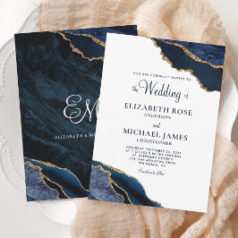 Convites Casamento Elegante de Agate Dourado Azul marinho
