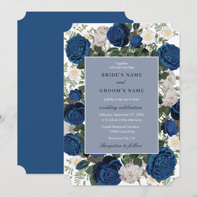 Convites Casamento Elegante De Aquarela Azul Moderno (Frente/Verso)