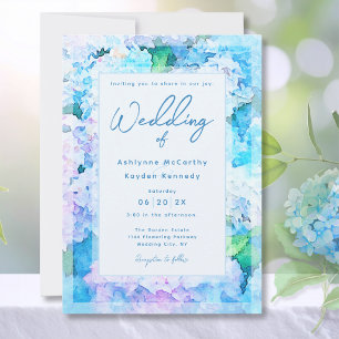 Convites Casamento Elegante de Aquarela com Hortênsia Azul
