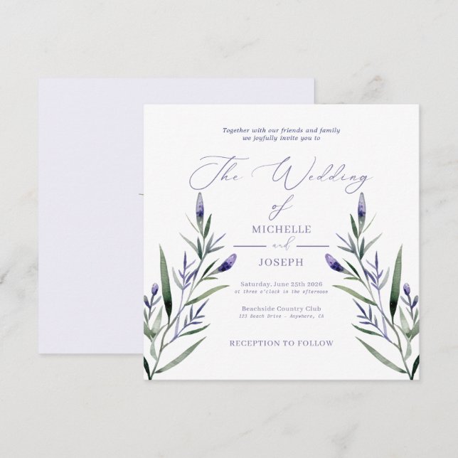 Convites Casamento Elegante De Aquarela Da Blisa De lavanda (Frente/Verso)