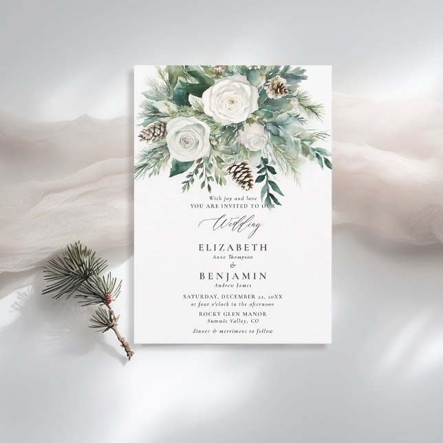 Convites Casamento Elegante De Aquarela De Natal Floral De  (winter wedding invitation christmas floral botanical pine tree cone white roses rustic cozy elegant)