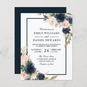 Convites Casamento Elegante De Aquarela Floral E marinho