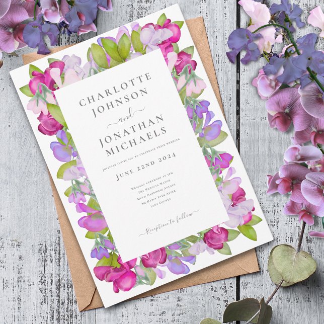 Convites Casamento Elegante De Aquarela Floral Moderna (Elegant floral pink purple wedding invitation watercolor garden sweetpea)