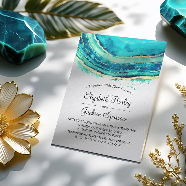 Convites Casamento Elegante De Aquarela Teal E Geodo Agate  (Criador carregado)
