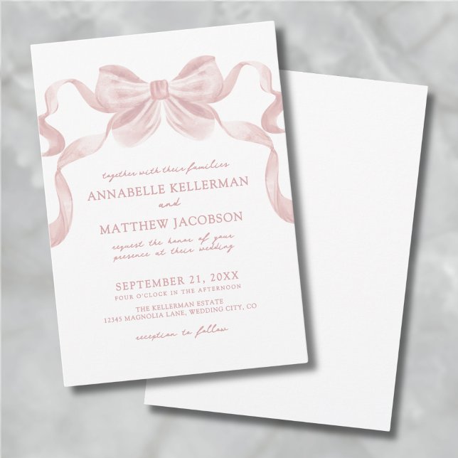 Convites Casamento Elegante De Arco Quente-Rosa-Blush (Blush Pink Whimsical Bow Elegant Wedding Invitation)