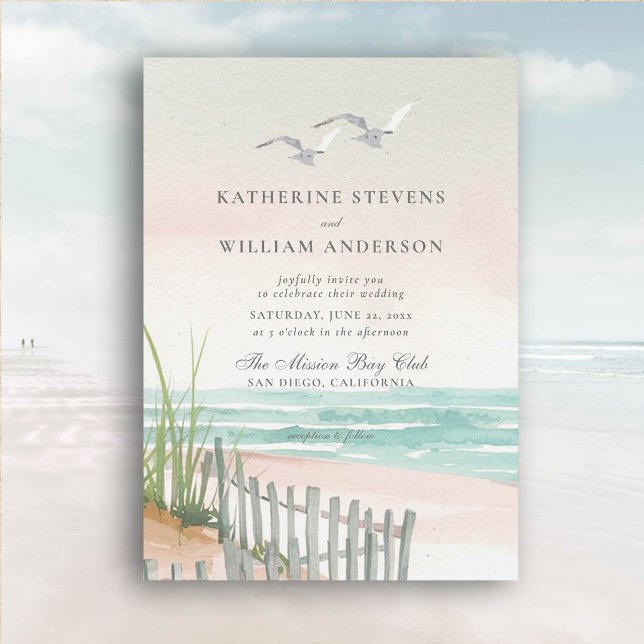 Convites Casamento Elegante de Arte de Cerca de Praia do Oc (beach wedding invitation dreamy watercolor ocean fence seagulls formal modern classic)