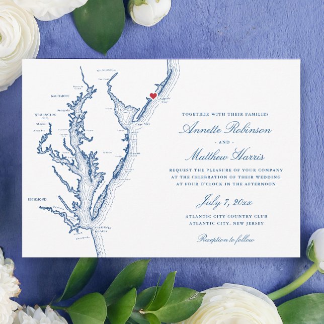 Convites Casamento Elegante de Atlantic City New Jersey (Elegant Atlantic City NJ Wedding invitation with navy blue Jersey Shore map from Coastal Map Designs)