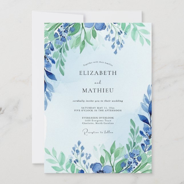 Convites Casamento Elegante de Azul Desbotado na Primavera (Frente)