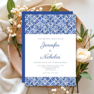 Convites Casamento Elegante de Azulejos Azuis Mediterrâneos