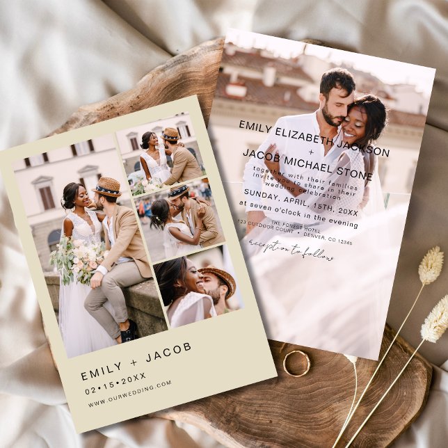 Convites Casamento Elegante de Beige Beige, com 5 Fotografi (Criador carregado)