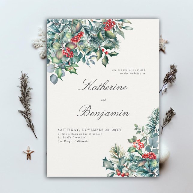 Convites Casamento Elegante De Berry Red Berry Formal Winte (elegant winter wedding invitation botanical frame formal traditional modern classic red berries)