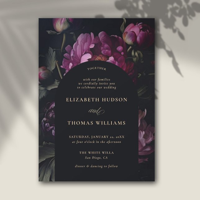 Convites Casamento Elegante de Boho Boho, uma Penitenciária (moody floral wedding invitation modern vintage pink peony dark elegant classic formal boho arch)