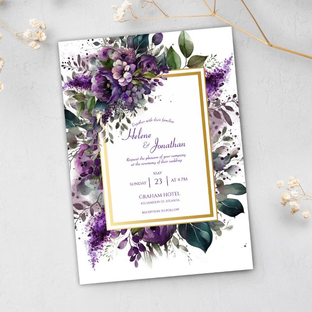 Convites Casamento Elegante De Boho De Cor Floral Roxa (Purple Floral Watercolor Elegant Boho Wedding Invitation)