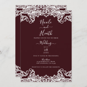 Convites Casamento Elegante De Bordeaux Wine & White Lace