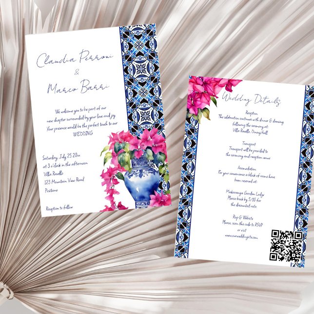 Convites Casamento elegante de Bougainvillea, Azulejos fran (Blue French Mediterranean Tiles Bougainvillea elegant all in one wedding Invitation template digital)