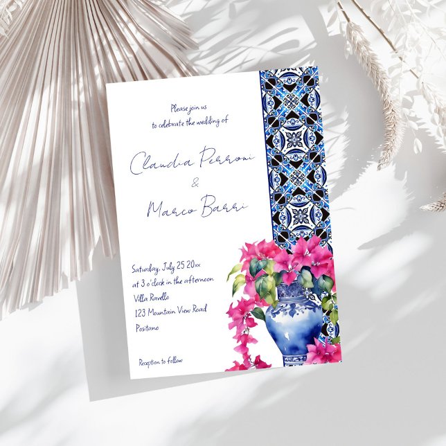 Convites Casamento elegante de Bougainvillea, Azulejos fran (Blue French Azulejo Talavera Tiles Bougainvillea in ceramic vase elegant wedding Invitation template)