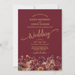 Convites Casamento Elegante de Burgundy Rústico Boho com Fl