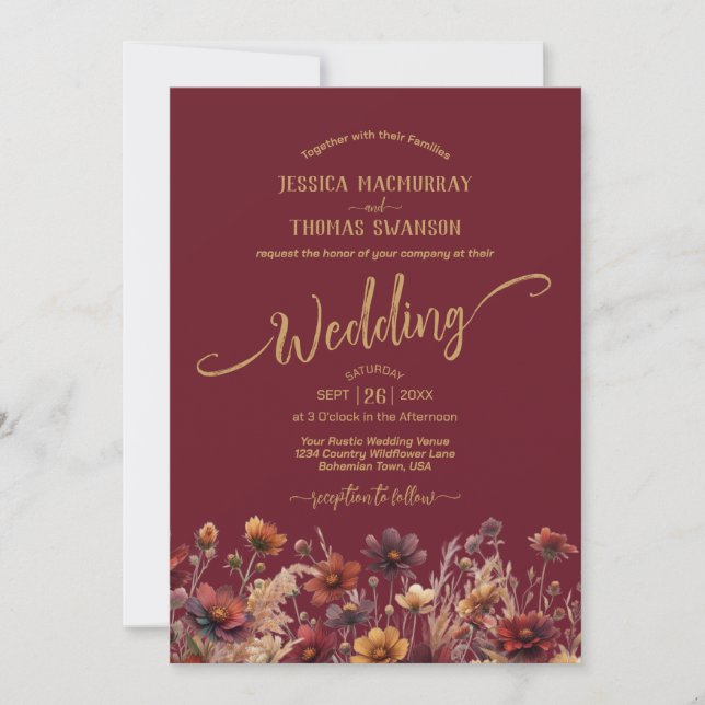 Convites Casamento Elegante de Burgundy Rústico Boho com Fl (Frente)