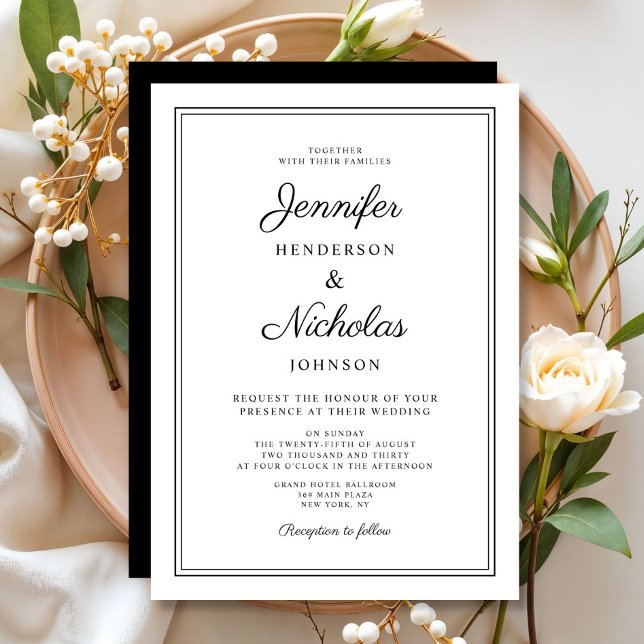 Convites Casamento Elegante De Caligrafia Branca E Preta (Elegant Black And White Calligraphy Wedding Invitation)