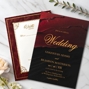 Convites Casamento Elegante de Caligrafia Dourada Vermelha 