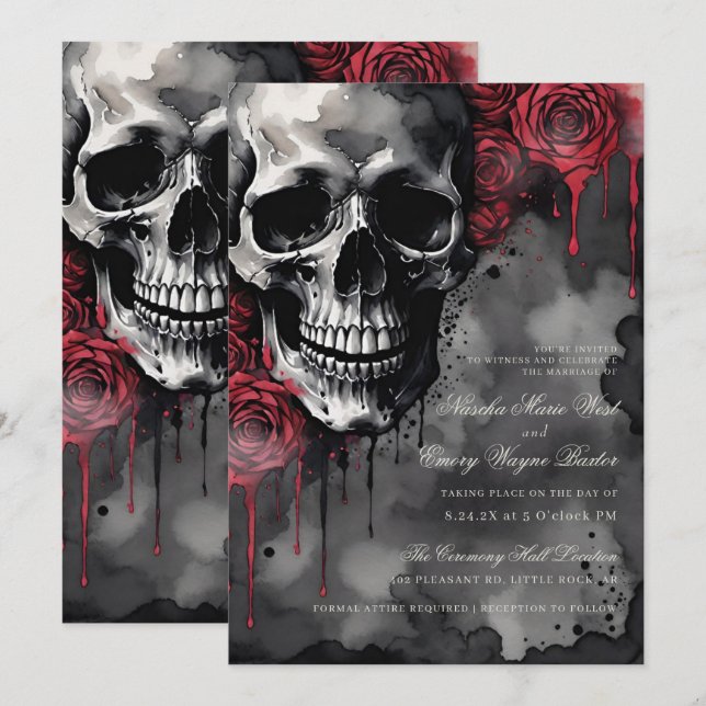 Convites Casamento elegante de caveira gótica e Rosas (Frente/Verso)