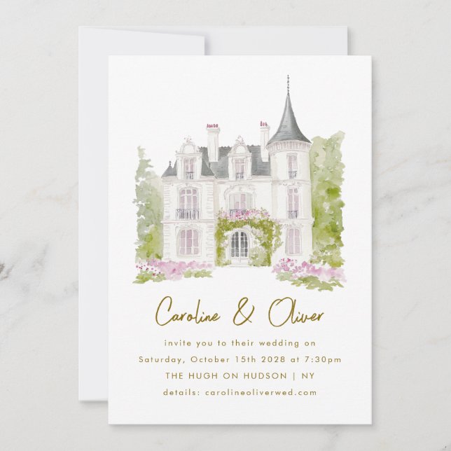 Convites Casamento Elegante de Chateau Watercolor Francês (Frente)