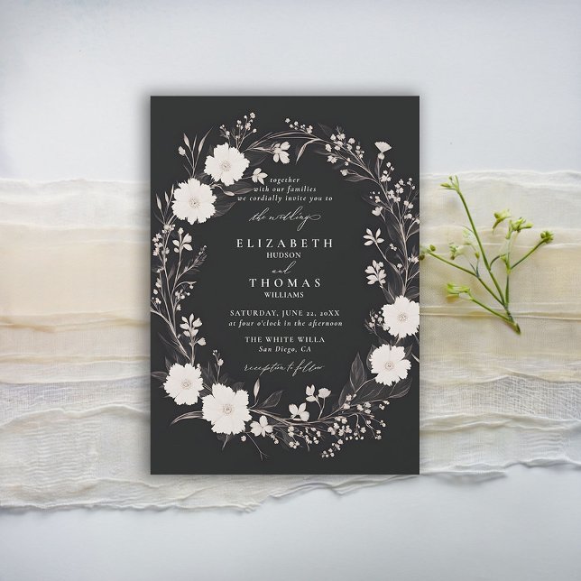 Convites Casamento Elegante De Chic Branca Negra Negra (wildflowers wedding invitation black and white floral wreath formal elegant modern romantic boho)