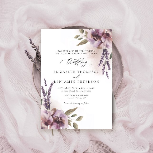 Convites Casamento Elegante De Chic Floral Roxo-Lavanda Rús (rustic lavender wedding invitation watercolor elegant floral mauve purple barn ranch garden)