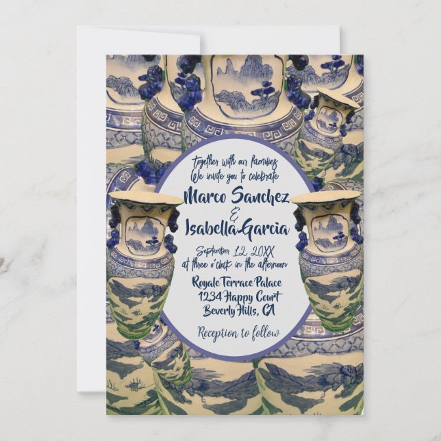 Convites Casamento elegante de chinoiserie azul e branca (Frente)