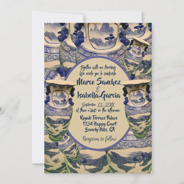 Convites Casamento elegante de chinoiserie azul e branca (Frente)