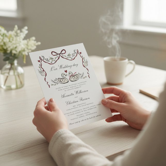 Convites Casamento Elegante de Cisnes com Grinalda e Fita V (Criador carregado)