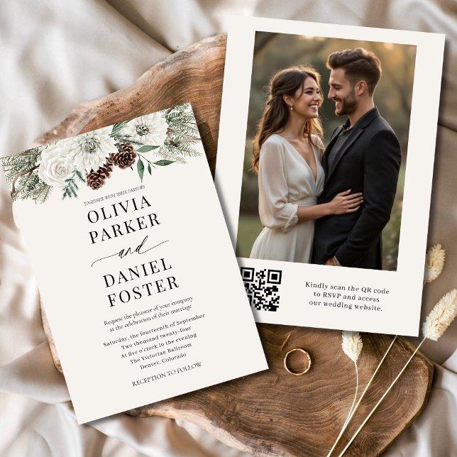 Convites Casamento Elegante de Código QR de Foto de Inverno (Criador carregado)