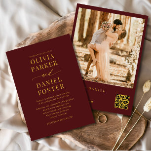 Convites Casamento Elegante de Código QR Dourado Burgundy